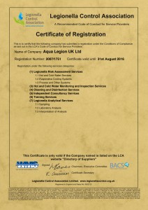 Legionella Control Association Certificate 2015-2016