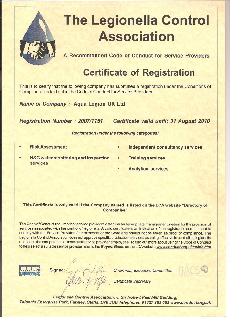 Legionella Control Association certificate 2010