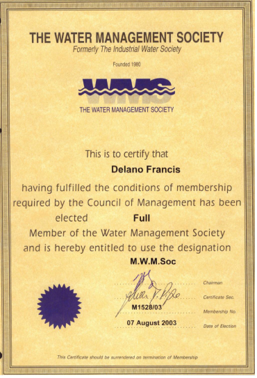 Water Management Society Membership certificate